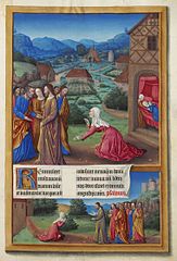 Jesus exorcising the Canaanite Woman's daughter from Très Riches Heures du Duc de Berry, 15th century.