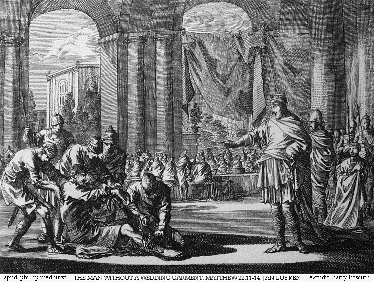 An etching by Jan Luyken illustrating Matthew 22:11-14 in the Bowyer Bible, Bolton, England.
